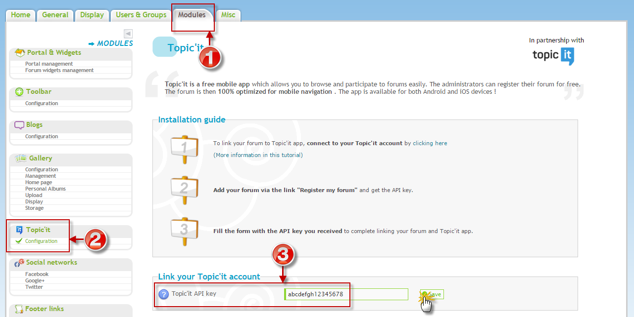 Add Topic'it API key on Forumotion